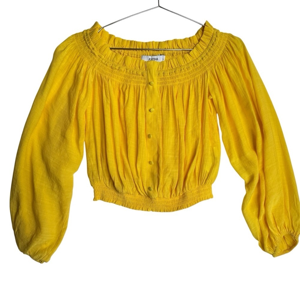 Yellow Top Cropped On/Off Shoulder Shirred Smocked Gauzy Long Sleeve Fiesta Med